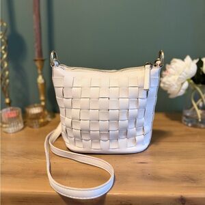 Joy Susan Woven Vegan Leather Crossbody Cream Bag with Adjustable Strap Used